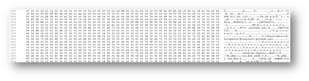 A screenshot showing the hex view of an LNK file in Magnet Axiom