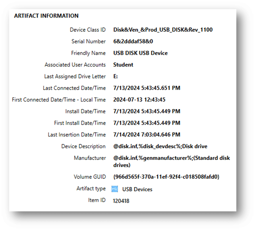 A screenshot of artifact information for a USB device in Magnet Axiom