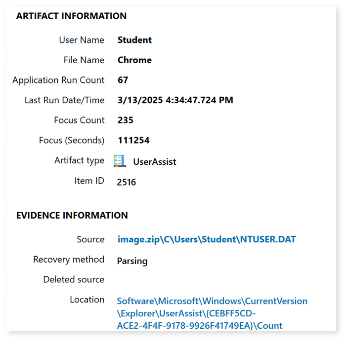 A screenshot of Artifact information in Magnet Axiom for a student using Google Chrome, who created a UserAssist artifact with a GUID