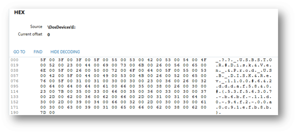A screenshot of the MountedDevices key for the USB device in Magnet Axiom