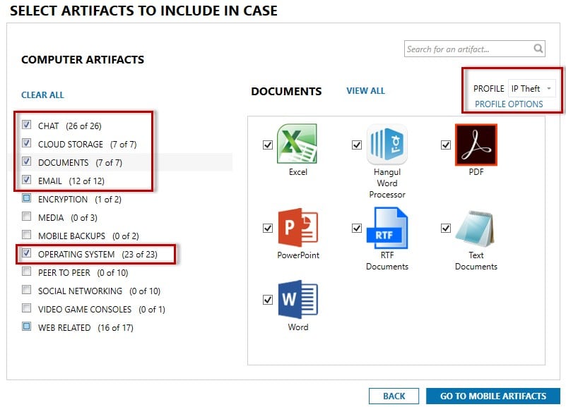 Select artifacts to include in case