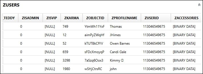 Figures 5-7: Screenshots of three major tables in the database that contain relevant records. 