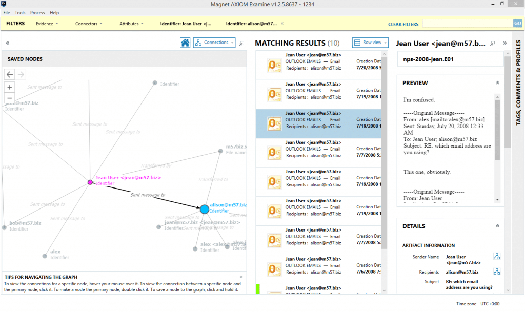 Screenshot of nodes between users in AXIOM Connections