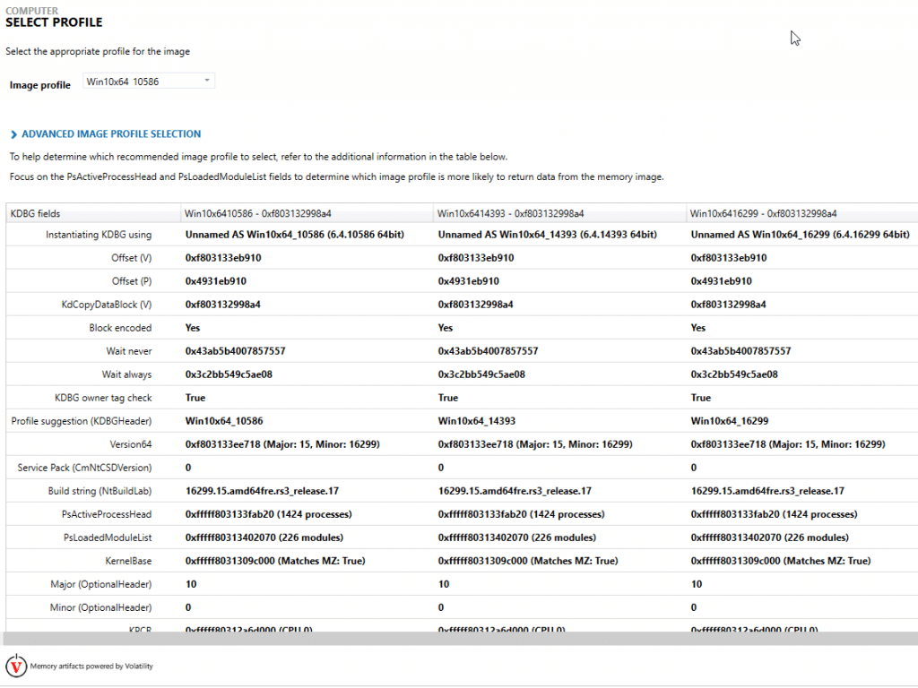 Image of a profile selection after running imageinfo and KDBGscan