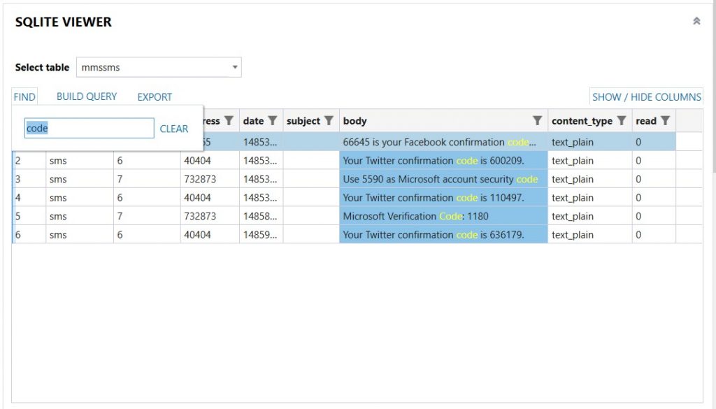 Search within table