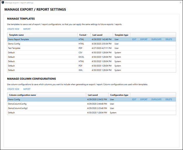 Manage export/report settings