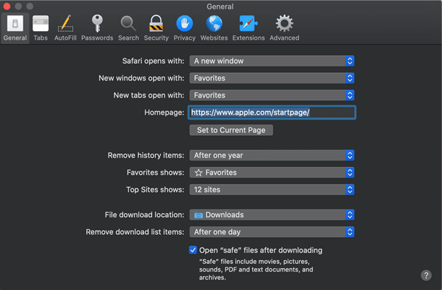 Safari preferences