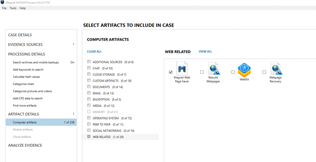 Selecting the Magnet Web Page Saver Artifact in AXIOM