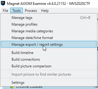 Manage export / report settings.