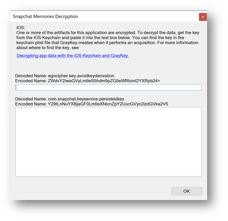 A screenshot showing the Snapchat Memories Decryption window.