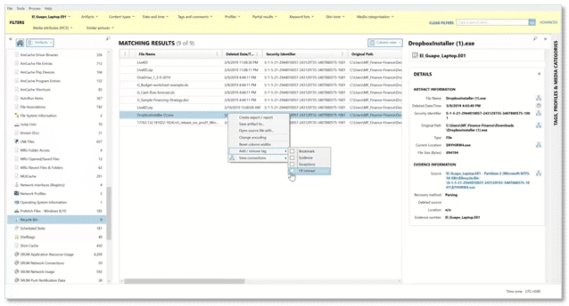 A screenshot of the AXIOM Cyber graphical user interface, where a user has searched for artifacts related to Dropbox and found results from the Recycle Bin.