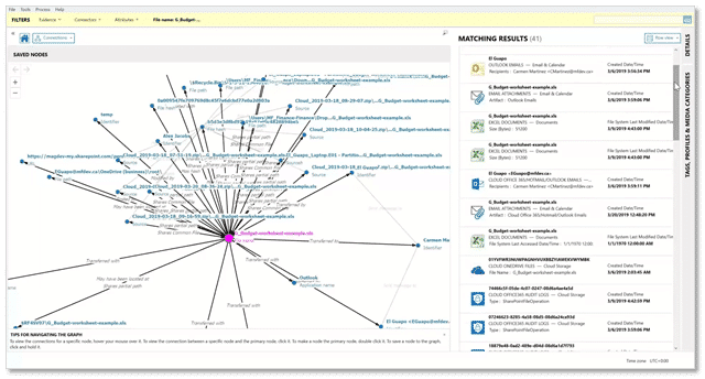 A screenshot of the AXIOM Cyber graphical user interface, showing the Connections feature being used to trace all the locations where the target file is located in the data sources.