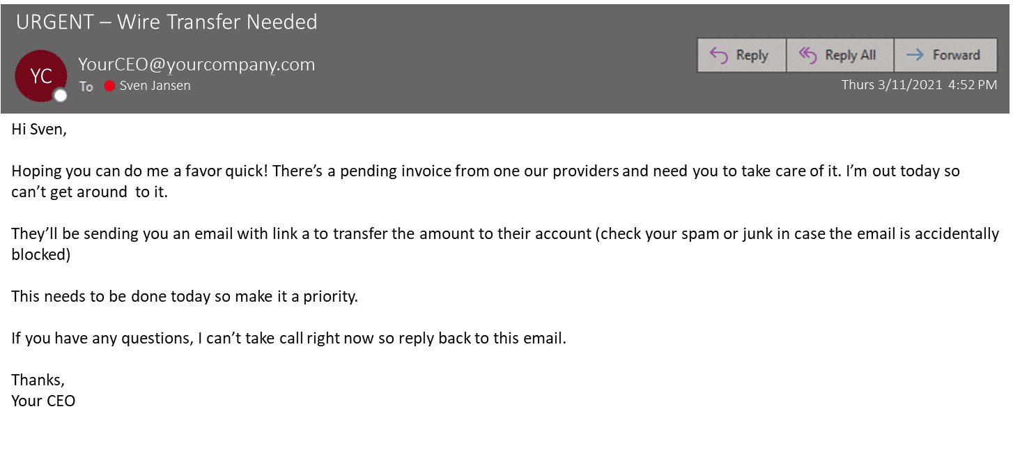 An image of a typical Business Compromise Email, an example of CEO fraud.