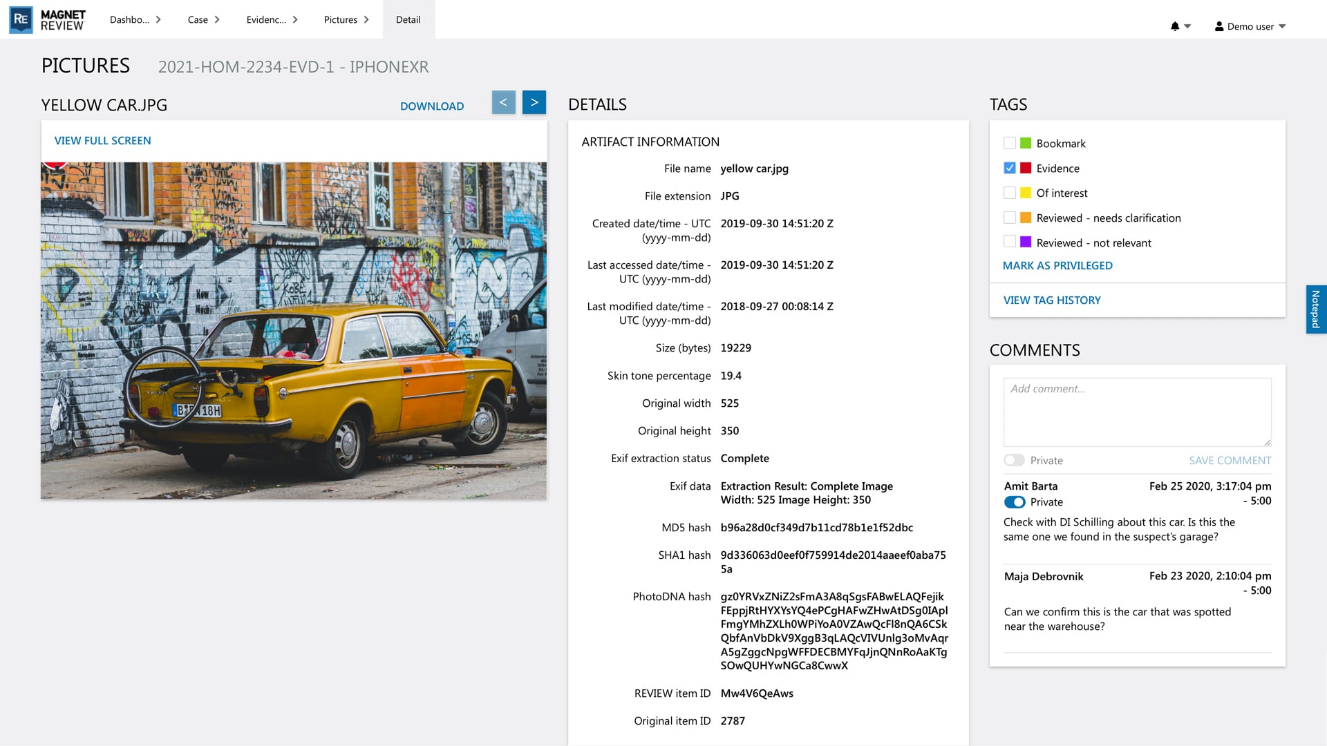 A screenshot of the Magnet REVIEW 4.0 evidence review dashboard.