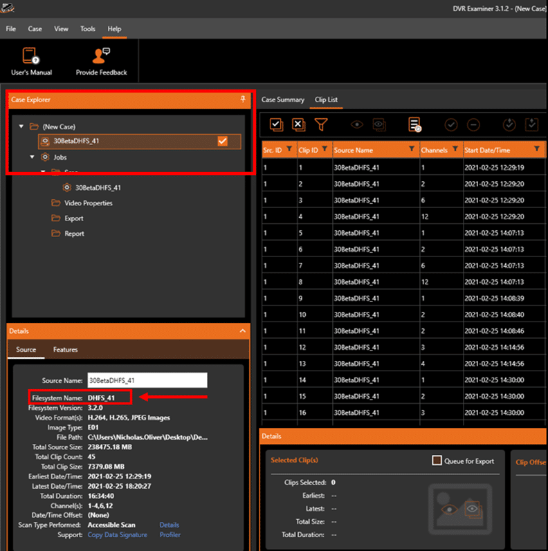 The DVR Examiner Case Explorer and Details Panel.