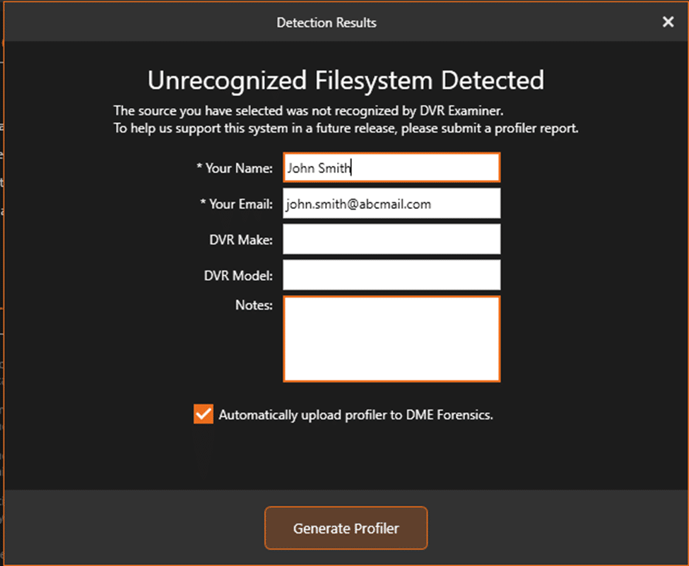 DVR Examiner: Detection Results for Unrecognized File System