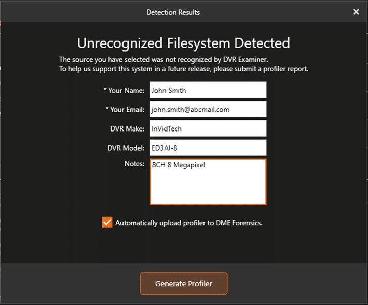 DVR Examiner: Detection Results for Unrecognized File System with report populated.