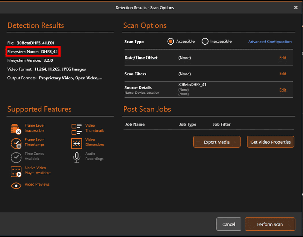 The DVR Examiner Filesystem Detection Results Screen.