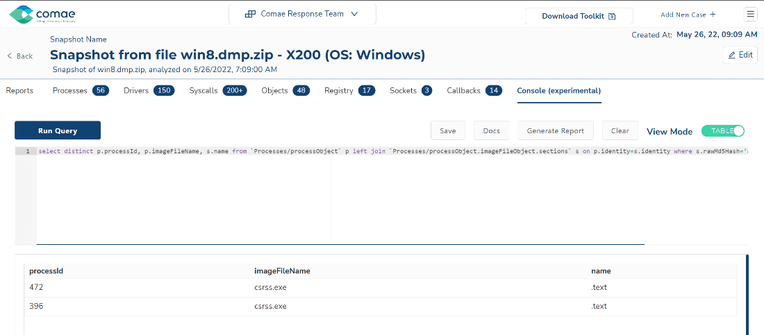 Another way IOCs can be leveraged for threat hunting is to use the hashes of executable sections of binaries in memory, similarly to hashes of files on disk we can use queries to search of memory-based IOCs.