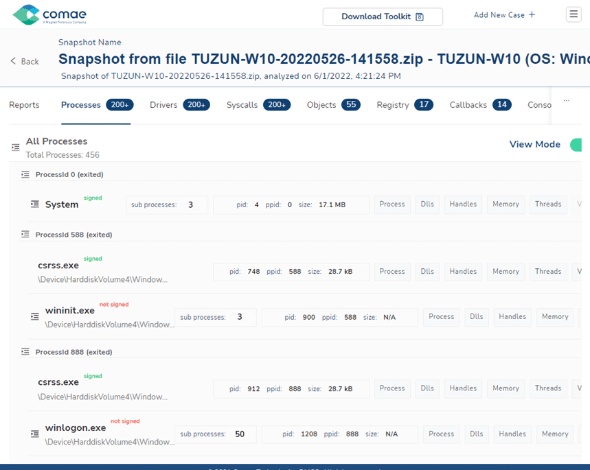 The results view in Comae, where you can review Processes, Drivers, Syscalls, Objects, Registry and Callbacks within the memory snapshot.