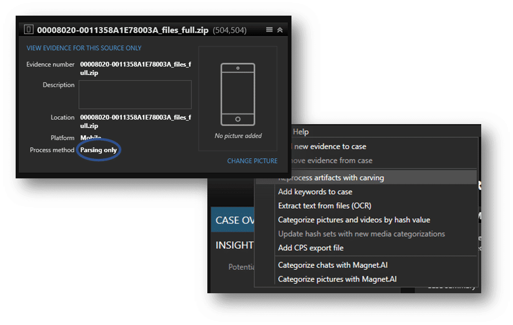 Screenshots of the Parsing Only and Preprocess Artifacts with Carving menus in Magnet AXIOM and Magnet AXIOM Cyber