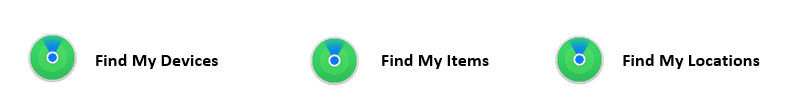 A decorative graphic reading "Find My Devices, Find My Items and Find My Locations."