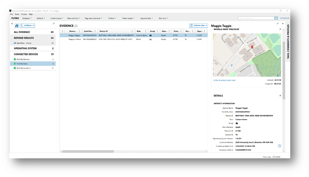 The world map view within Magnet AXIOM's artifact view, to help visualize the geolocation data found within the artifact