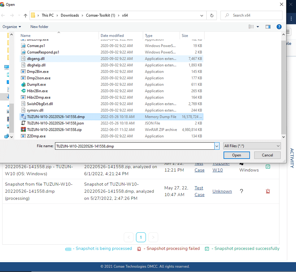 A glimpse of what the dialogue box for uploading .dmp snapshots into Comae looks like.
