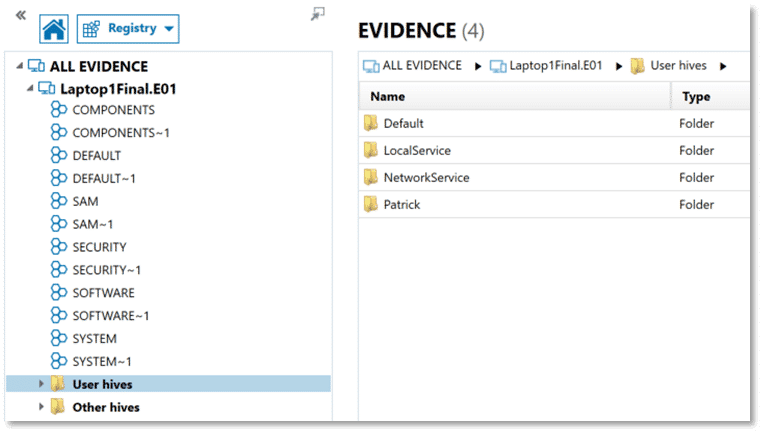 A screenshot of Registry explorer in AXIOM Examine looking at User Hives.