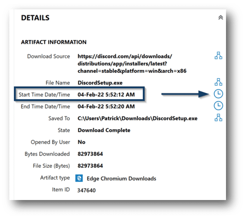 A screenshot showing the artifact details of a Microsoft Edge download for a program which violates organization policy, with the download beginning at 5:52:12am on 04/FEB/2022.