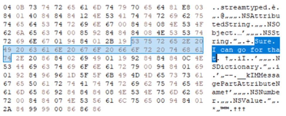 An embedded binary plist file found within the message_summary_info column.