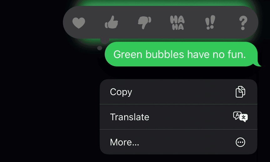 A screenshot from iOS that says "Green bubbles have no fun." The message is displayed in a green bubbe.