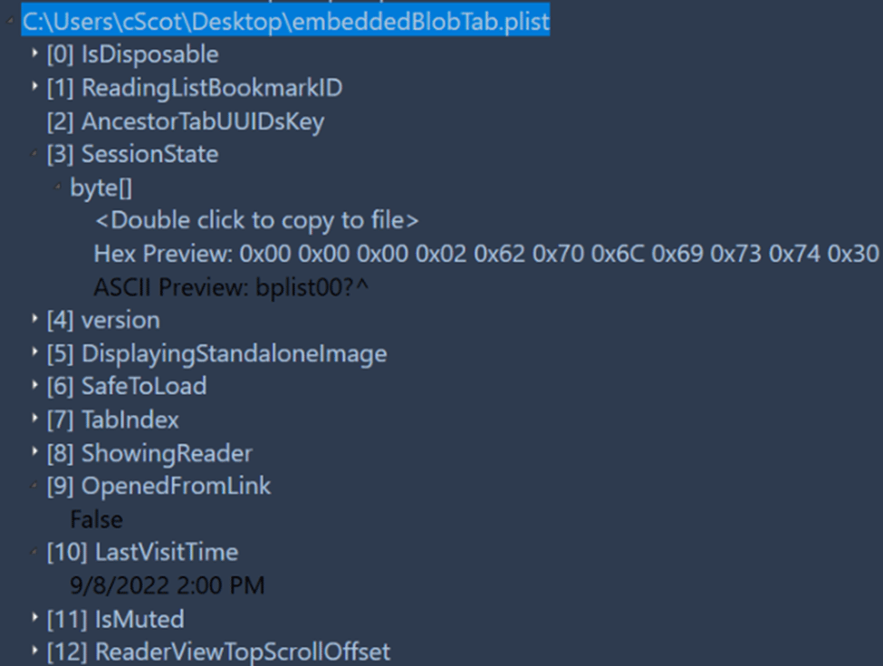 The "bookmark" table within Safari for iOS 16, highlighting C:\Users\cScot\Desktop\embeddedBlobTab.plist
