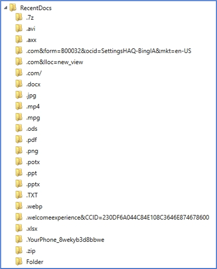 RecentDocs key showing subkeys for various file extensions and Folder