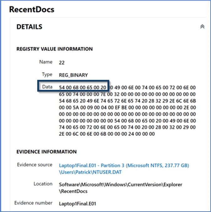 RecentDocs Details pane from the Registry explorer in AXIOM Examine