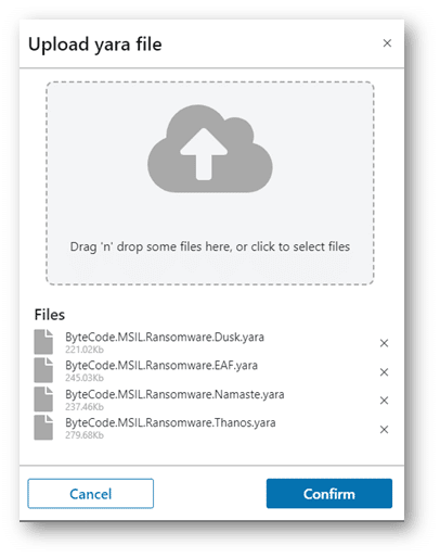 The drag 'n drop GUI in Magnet IGNITE for adding YARA rules.