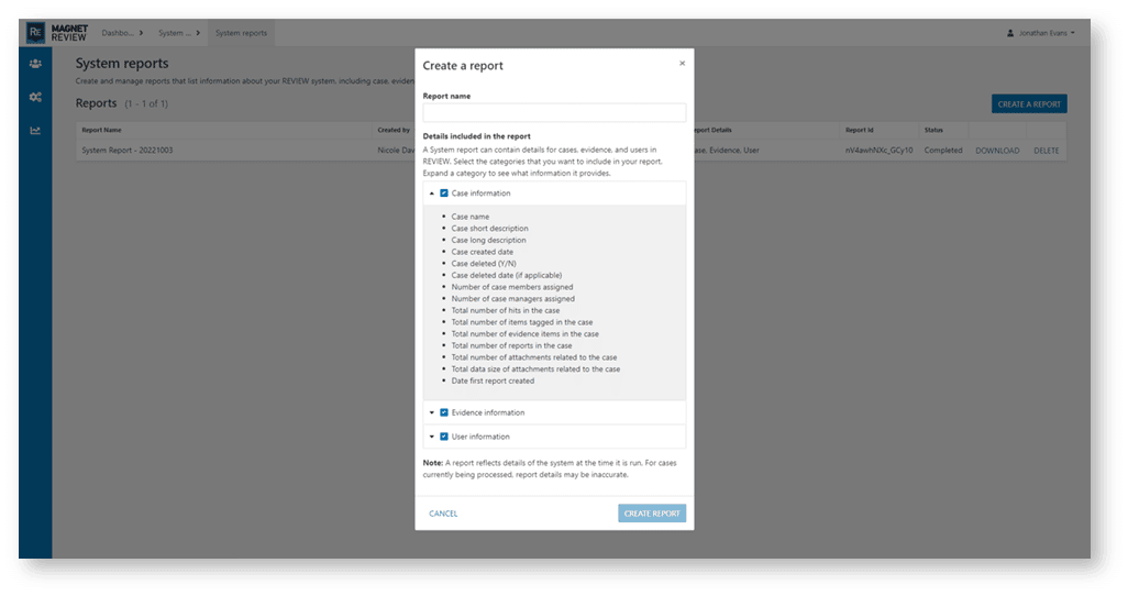 A screenshot of the System Reports view, new in Magnet REVIEW 4.2.