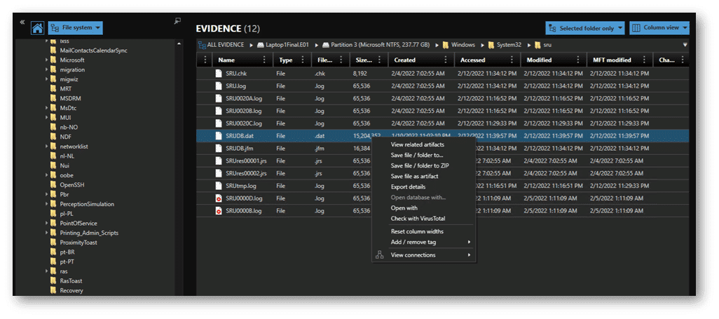 Figure 1: View Related Artifacts on the SRUDB.dat to see all the SRUM artifacts available.