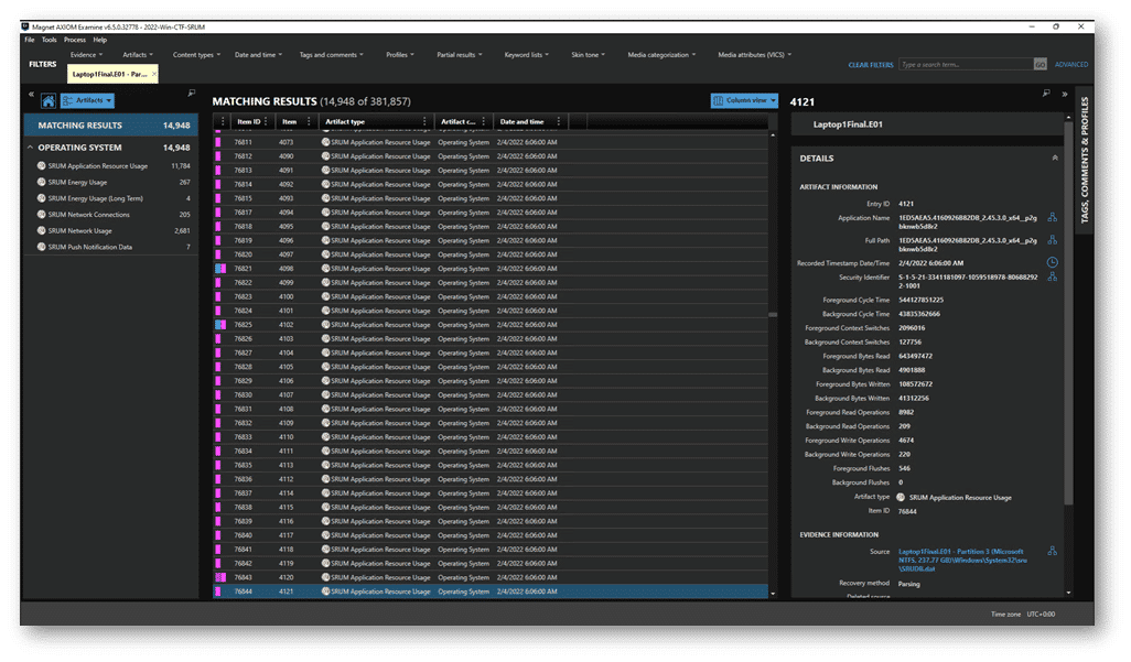 Figure 2: Axiom Cyber showing SRUM Artifacts