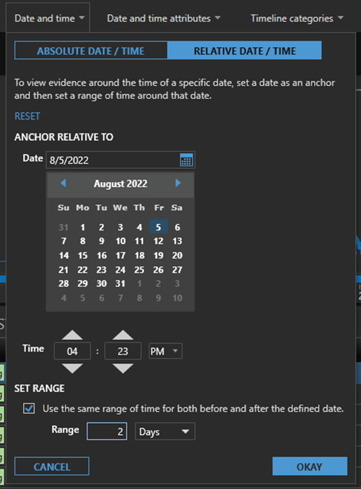 A screenshot showing relative time filters in Magnet AXIOM Cyber, a major player in eDiscovery.