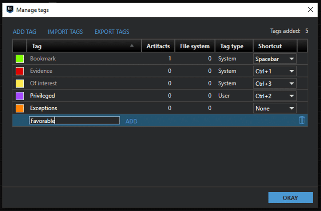 A screenshot showing the tag manager in Magnet AXIOM Cyber, a major player in eDiscovery.