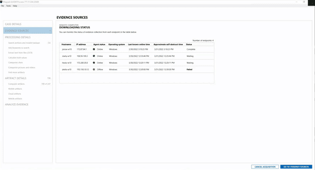 A screenshot showing queued remote collection of endpoints in AXIOM Cyber. 