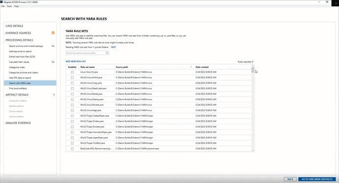 A screenshot showing the integration of YARA rules in Magnet AXIOM Cyber.