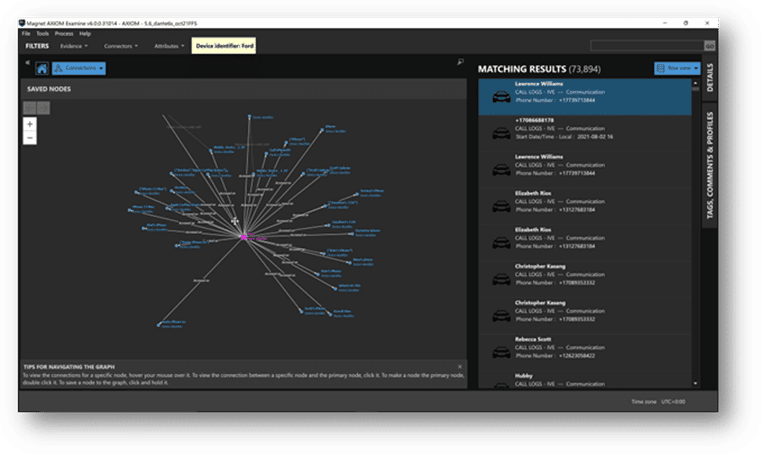 A screenshot showing the Connections view in Magnet AXIOM Cyber, a powerful analytics and data visualization tool for Incident Response.