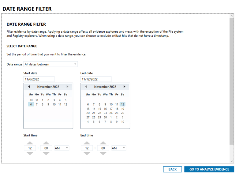 A screenshot showing the date range filter in Magnet AXIOM Cyber.