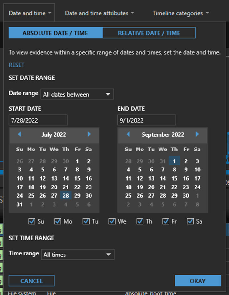 A screenshot showing absolute time filters in Magnet AXIOM Cyber, a major player in eDiscovery.