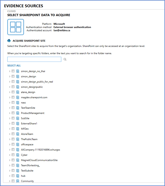 A screenshot showing SharePoint Preprocessing Site Search in Magnet AXIOM Cyber.