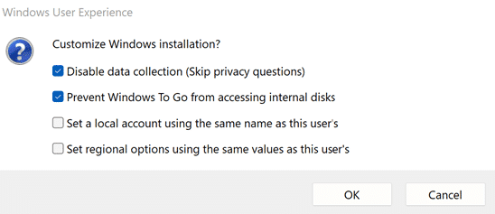 A screenshot showing the dialogue box with custom Windows installation options in Rufus. "Disable data collection (Skip privacy questions)" and "Prevent Windows To Go from accessing internal disks" are selected.
