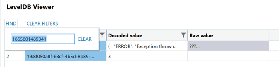 A screenshot showing the LevelDB Viewer displaying the search results for message ID 1665601489341.