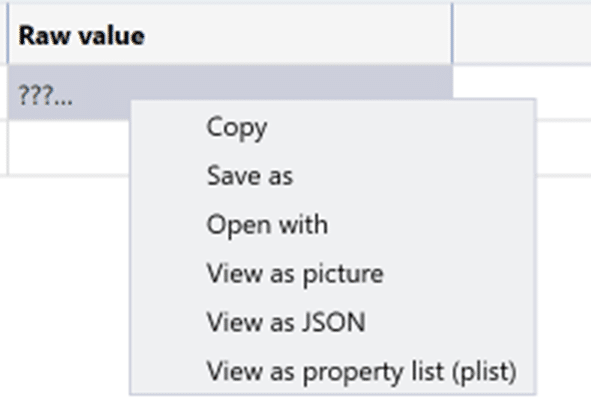 A screenshot showing the right-click options available for the Raw value data in the LevelDB Viewer: Copy, Save as, Open with, View as picture, View as JSON, View as property list (plist). 